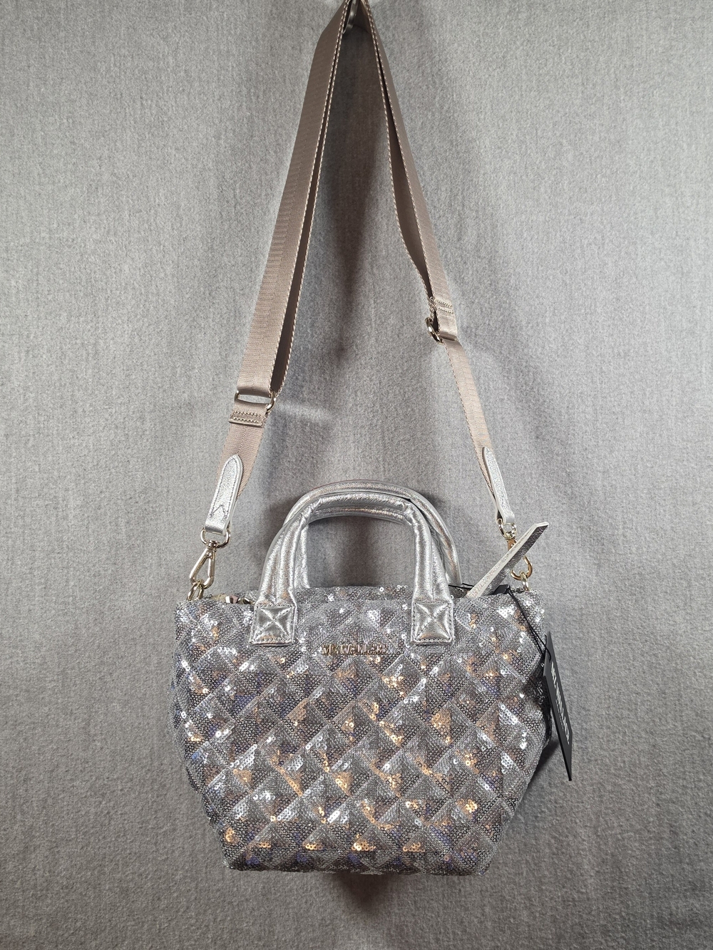 MZ Wallace Mini Metro Tote Deluxe Sequin Top Handle Bag Silver NWT
